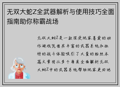 无双大蛇Z全武器解析与使用技巧全面指南助你称霸战场 无双大蛇Z全武器解析与使用技巧全面指南助你称霸战场